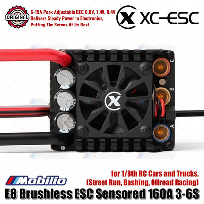 ESC Tanpa Sikat XC-ESC E8 Sensored 160A 3-6S untuk Mobil RC dan Truk 1/8 Skala Street Run Bashing Offroad Racing