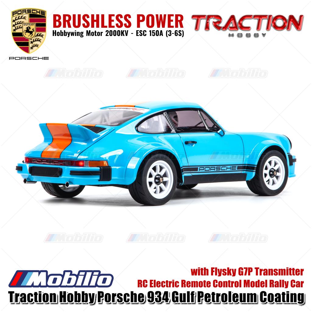 Mobil Reli Model RC Elektrik Kendali Jarak Jauh Skala 1/6 Traction Hobby Porsche 934 Gulf Petroleum Coating dengan Pemancar Flysky G7P
