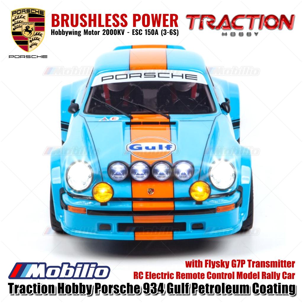 Mobil Reli Model RC Elektrik Kendali Jarak Jauh Skala 1/6 Traction Hobby Porsche 934 Gulf Petroleum Coating dengan Pemancar Flysky G7P