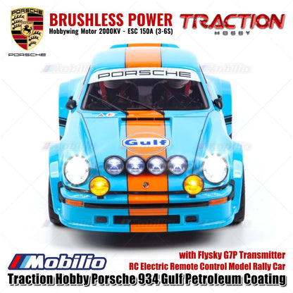 Mobil Reli Model RC Elektrik Kendali Jarak Jauh Skala 1/6 Traction Hobby Porsche 934 Gulf Petroleum Coating dengan Pemancar Flysky G7P