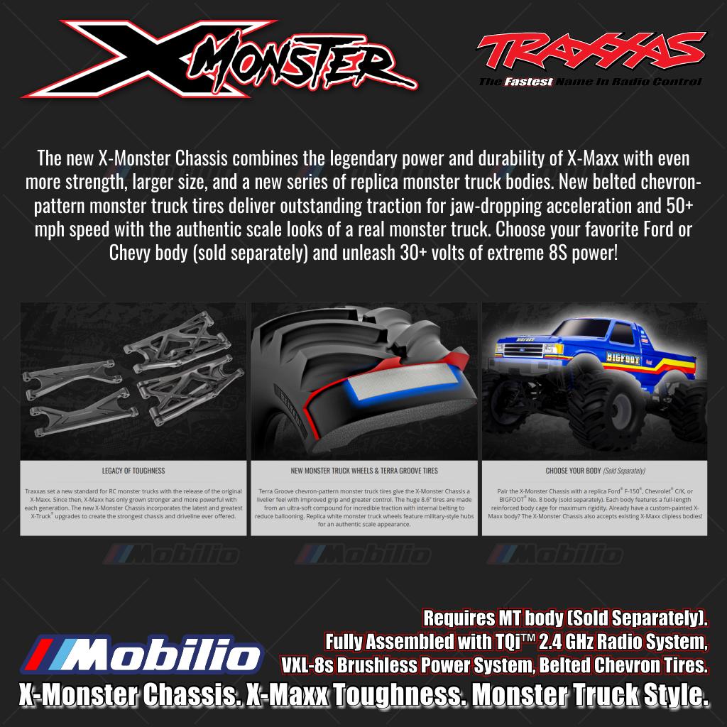 Traxxas 77036-4 X-Monster Chassis X-Maxx Toughness Monster Truck Style Fully Assembled with TQi 2.4 GHz Radio System VXL-8s Brushless Power System Belted Chevron Tires and MT body Dijual Terpisah 7691-BLK