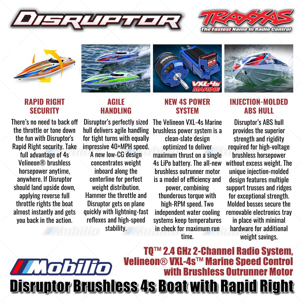 Traxxas 106064-4 Disruptor Brushless 4s Boat dengan Rapid Right Motor Outrunner Brushless RTR Kontrol Jarak Jauh untuk Air - Control