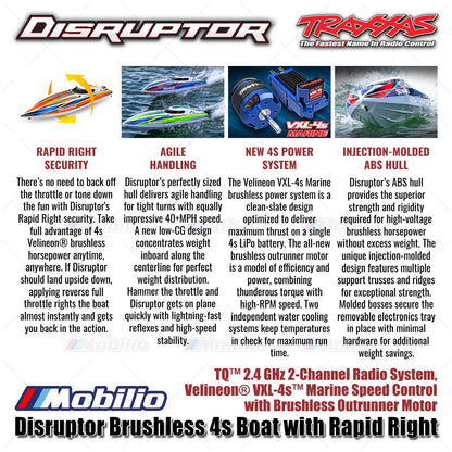 Traxxas 106064-4 Disruptor Brushless 4s Boat dengan Rapid Right Motor Outrunner Brushless RTR Kontrol Jarak Jauh untuk Air - Control