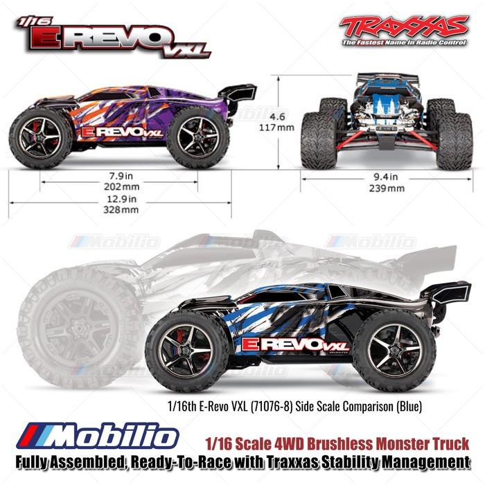 Traxxas 71076-8 Mini E-Revo VXL 1/16 Scale 4WD Brushless Monster Truck Fully Assembled RTR dengan TSM dan Baterai NiMH 7.2V
