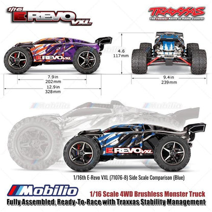 Traxxas 71076-8 Mini E-Revo VXL 1/16 Scale 4WD Brushless Monster Truck Fully Assembled RTR dengan TSM dan Baterai NiMH 7.2V