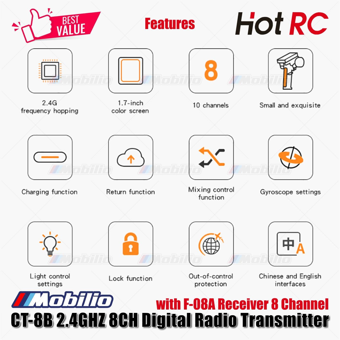HotRC CT-8B 2.4GHZ 8CH Digital Radio Transmitter with F-08A Receiver 8 Channel for RC Car Boat Tank