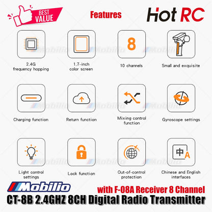 HotRC CT-8B 2.4GHZ 8CH Digital Radio Transmitter with F-08A Receiver 8 Channel for RC Car Boat Tank