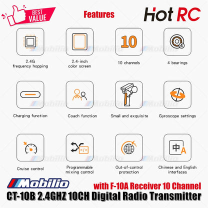 HotRC CT-10B 2.4GHZ 10CH Digital Radio Transmitter with F-10A Receiver 10 Channel for RC Car Boat Tank