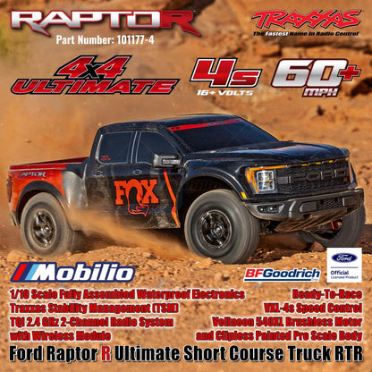 Traxxas 101177-4 FOX-2 Ford Raptor R Ultimate 4X4 Short Course Truck RC Skala 1/10 Rakitan Lengkap Tahan Air RTR Kontrol Jarak Jauh dengan Motor Velineon 540XL &amp; Sistem Radio TQi 2.4 GHz - Gear