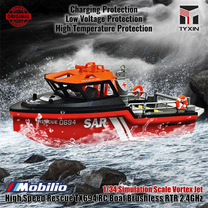 Perahu RC Penyelamat Berkecepatan Tinggi TX694 Brushless RTR 2.4GHz Skala Simulasi 1/34 Jet Vortex