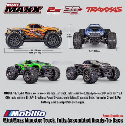 Traxxas 107154-1 Mini Maxx Monster Truck Rakitan Lengkap Brushless Siap Balap (RTR) Termasuk Baterai &amp; Charger Kecepatan 30+ mph Penggerak 4WD Tahan Air Sistem Radio TQ 2.4 GHz