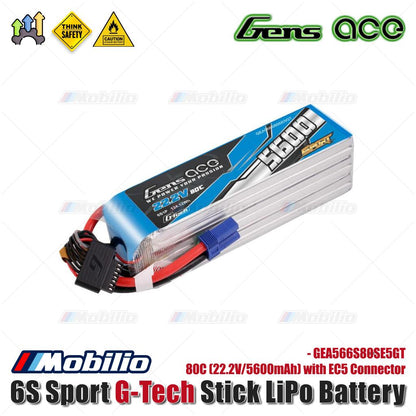 Baterai LiPo Gens Ace 6S 80C Sport G-Tech Stick (22.2V/5600mAh) dengan Konektor EC5 - GEA566S80SE5GT