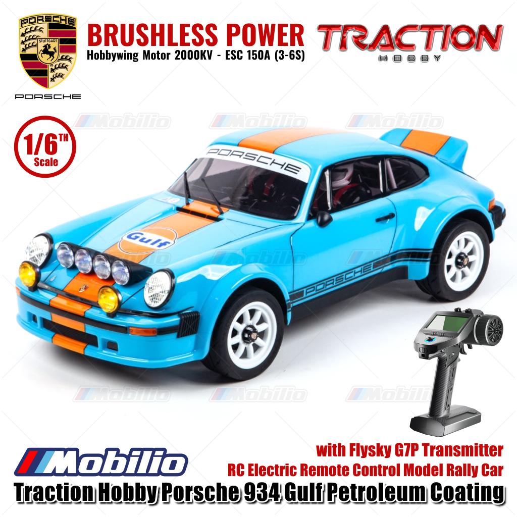 Mobil Reli Model RC Elektrik Kendali Jarak Jauh Skala 1/6 Traction Hobby Porsche 934 Gulf Petroleum Coating dengan Pemancar Flysky G7P