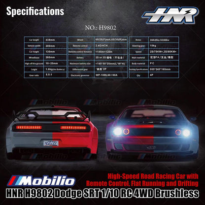 HNR H9802 Panther Dodge SRT 1/10 RC 4WD Brushless High-Speed Road Racing Car with Remote Control Flat Running and Drifting