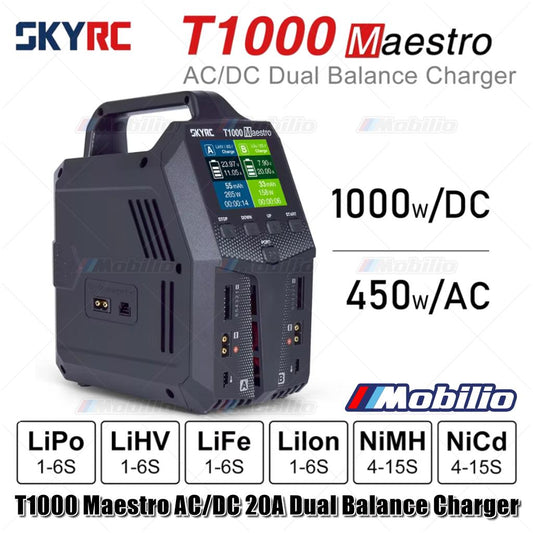 SKYRC T1000 Maestro Charger AC/DC 2A Dual Balance Charger 450W 1000W 1-6S LiFe NiMH NiCd Battery Charger