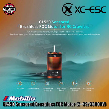 Motor FOC Tanpa Sikat XC-ESC GL550 Sensor (2~3S/3300KV) untuk Mobil Crawler Skala 1/8, 1/10 Petualangan dengan Torsi Kecepatan Rendah yang Kuat dan Tahan Air IP67