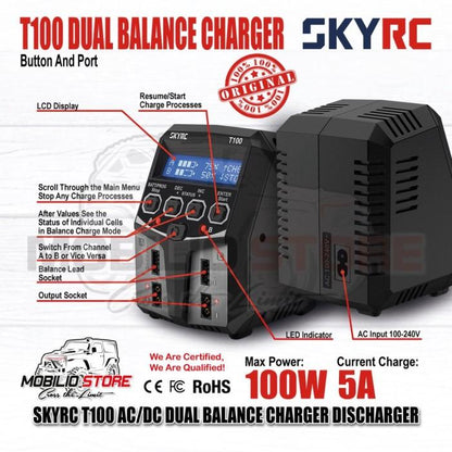 SKYRC T100 5A 2x50W AC/DC Pengisi Daya Penyeimbang Ganda Pengosong Baterai