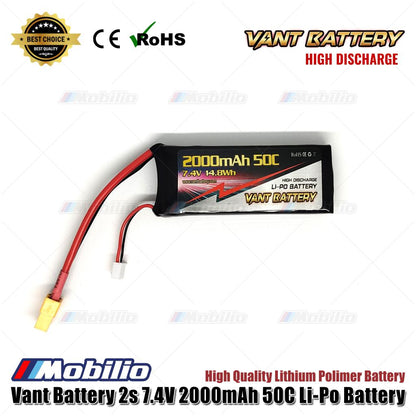 Baterai LiPo Polimer Lithium Vant 7.4V 2S 2000mAh 50C Casing Lembut RC