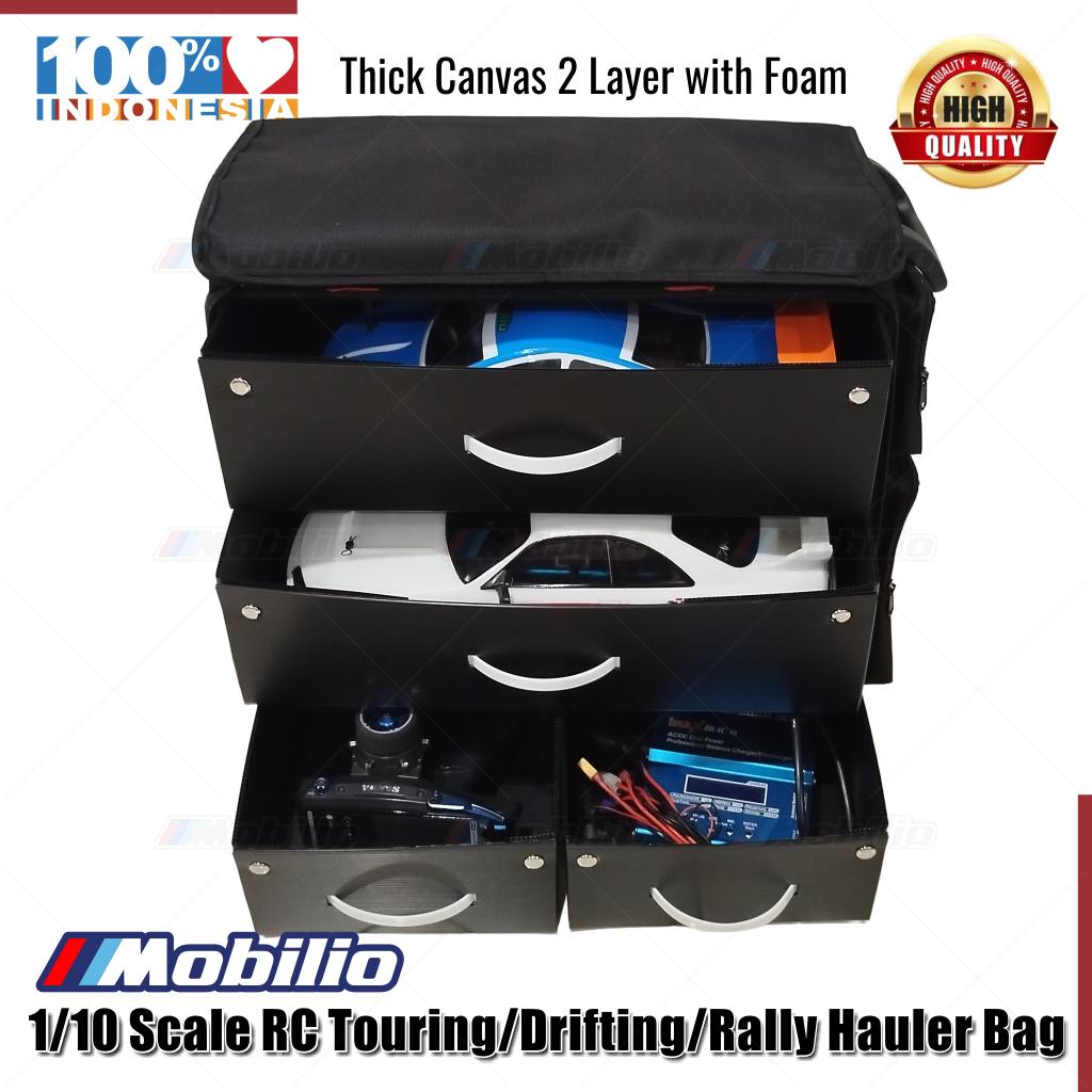 Mobilio Tas Koper 1/10 Scale RC Touring Drifting Rally Hauler Bag with 4 Inner Box Fits 2 Cars Remote Charger and 4 Additional Pockets for tools