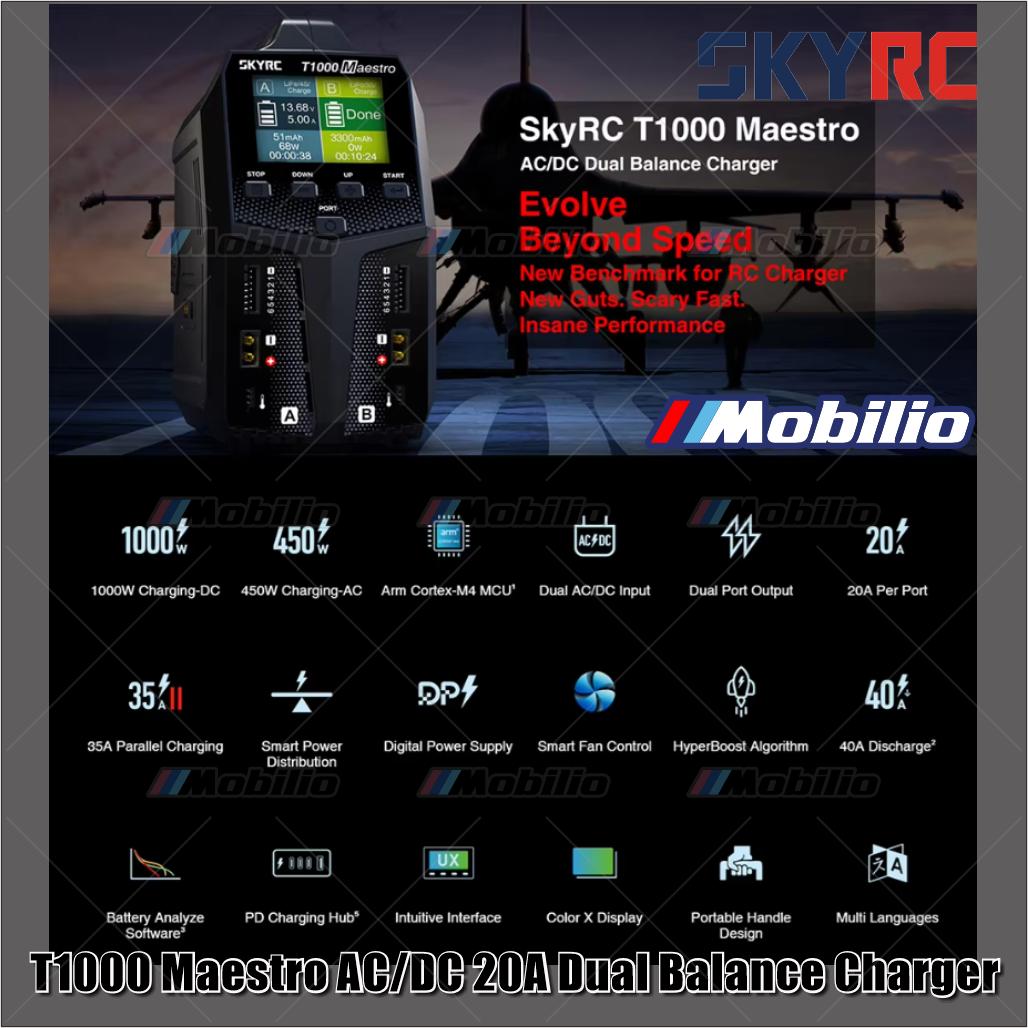 SKYRC T1000 Maestro Charger AC/DC 2A Pengisi Daya Ganda 450W 1000W 1-6S untuk Baterai LiFe NiMH NiCd