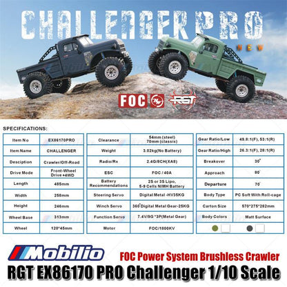 RGT EX86170 PRO Challenger 1/10 2.4G 4WD Mobil RC Brushless Rock Crawler Petualangan Off-Road