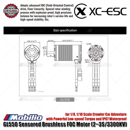 Motor FOC Tanpa Sikat XC-ESC GL550 Sensor (2~3S/3300KV) untuk Mobil Crawler Skala 1/8, 1/10 Petualangan dengan Torsi Kecepatan Rendah yang Kuat dan Tahan Air IP67