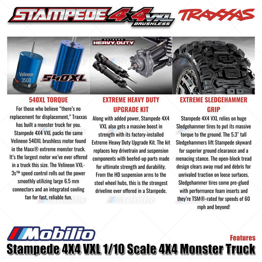 Traxxas 90376-4 Stampede VXL 1/10 Scale 4X4 Monster Truck Fully-Assembled Waterproof RTR with TQi TSM