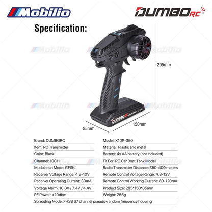 Dumborc X10P-350 10 Channel 2.4GHZ Transmitter with Receiver P10F P10FG P6DC Waterproof Version Available for Remote Control Car Boat Tank All Types of RC Models