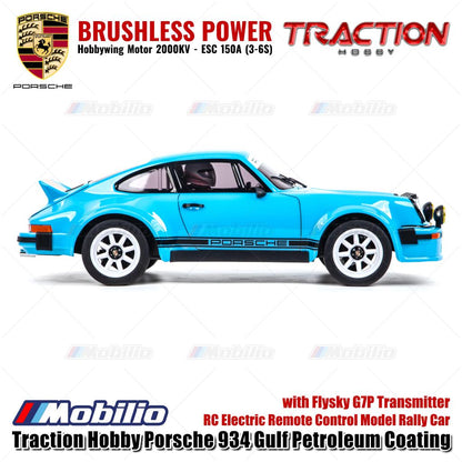 Mobil Reli Model RC Elektrik Kendali Jarak Jauh Skala 1/6 Traction Hobby Porsche 934 Gulf Petroleum Coating dengan Pemancar Flysky G7P