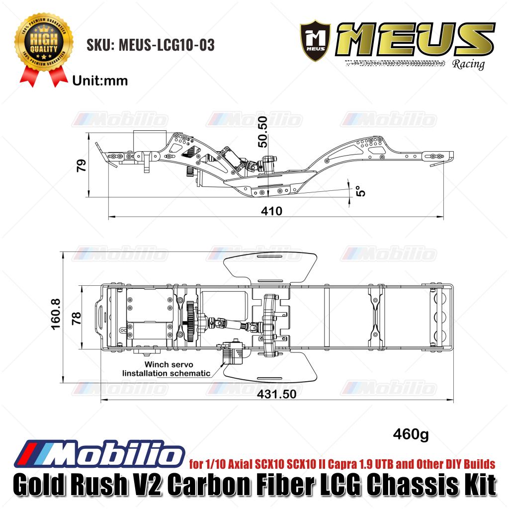 MEUS Racing Gold Rush V2 Carbon Fiber LCG Chassis Kit MEUS-LCG10-03 untuk 1/10 Axial SCX10 SCX10 II Capra 1.9 UTB dan Rakitan DIY Lainnya