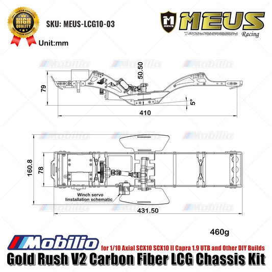 MEUS Racing Gold Rush V2 Carbon Fiber LCG Chassis Kit MEUS-LCG10-03 for 1/10 Axial SCX10 SCX10 II Capra 1.9 UTB and Other DIY Builds