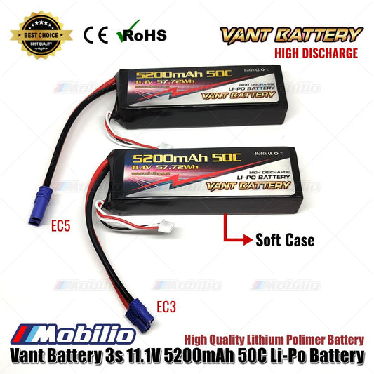 Vant Battery Lipo 3S 11.1 Volt 5200mAh 50C Lithium Polimer Baterai EC3 EC5 for RC Axial Arrma ESC Spektrum IC3 IC5