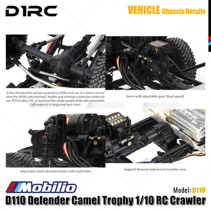 D1RC D110 Defender Camel Trophy Skala 1/10 Jarak Sumbu Roda 334mm Mobil RC Crawler Petualangan
