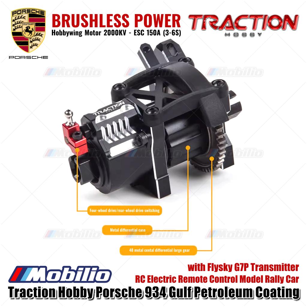 Mobil Reli Model RC Elektrik Kendali Jarak Jauh Skala 1/6 Traction Hobby Porsche 934 Gulf Petroleum Coating dengan Pemancar Flysky G7P