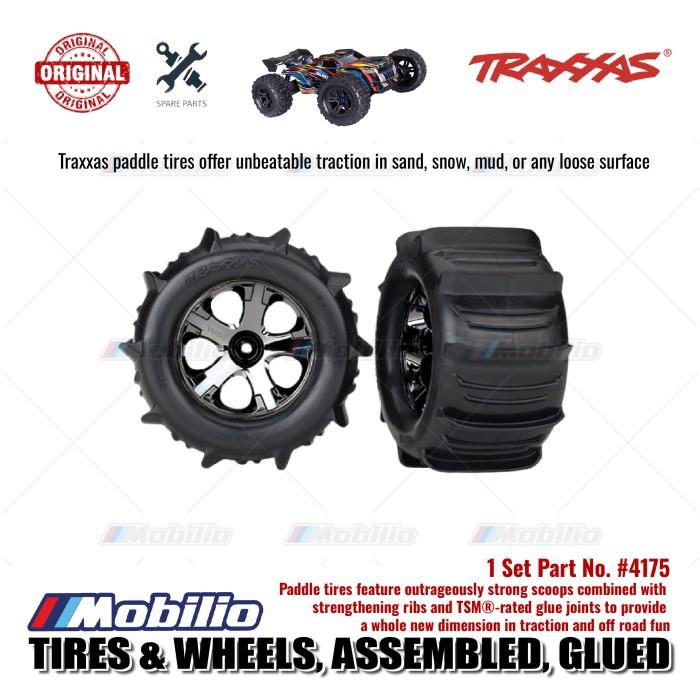Traxxas Part #4175 Tires & Wheels Assembled Glued All-Star Black Chrome Wheels Paddle Tires Foam Inserts RC Hoss Stampede Rustler