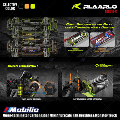 Rlaarlo Omni-Terminator Carbon Fiber MINI Skala 1:10 RTR Brushless Monster Truck Versi V2 RZ001B-C RZ001O-C RZ001Y-C