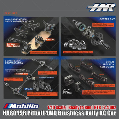 HNR H9804SR Pitbull 4WD Brushless Rally RC Car 1/10 Scale Ready to Run RTR 2.4 GHz