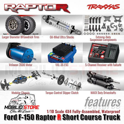 Traxxas 101076-4 Ford F-150 Raptor R Short Course Truck 1/10 Scale 4X4 VXL RTR dengan Velineon 3S Power dan TSM untuk Performa Maksimal - Control