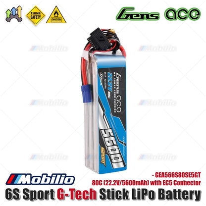 Baterai LiPo Gens Ace 6S 80C Sport G-Tech Stick (22.2V/5600mAh) dengan Konektor EC5 - GEA566S80SE5GT