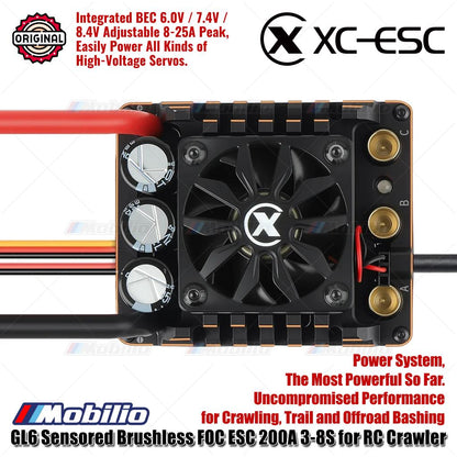 XC-ESC GL6 Sensored Brushless FOC ESC 200A 3-8S untuk RC Crawler Trail dan Offroad Bashing