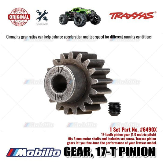 Traxxas Part #6490X roda gigi pinion 17-gigi (pitch metrik 1.0) pas untuk poros motor 5 mm dan termasuk set screw untuk RC E-Revo Maxx X-Maxx XRT