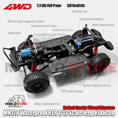 MN128 Waterproof RTR 1/12 Scale Jeep Rubicon RC Rock Crawler Adventure