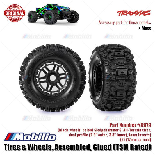 Traxxas Bagian #8979 Ban & Roda Dirakit Direkatkan TSM Rated Roda Hitam Bertali Sledgehammer Traxxas Maxx