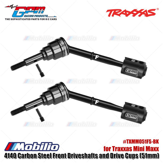 GPM Part #TXMM051FS-BK 4140 Carbon Steel Front Driveshafts and Drive Cups (51mm) for Traxxas Mini Maxx Upgrade