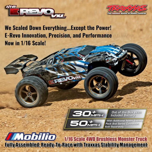 Traxxas 71076-8 Mini E-Revo VXL 1/16 Scale 4WD Brushless Monster Truck Fully Assembled RTR dengan TSM dan Baterai NiMH 7.2V