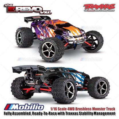 Traxxas 71076-8 Mini E-Revo VXL 1/16 Scale 4WD Brushless Monster Truck Fully Assembled RTR dengan TSM dan Baterai NiMH 7.2V