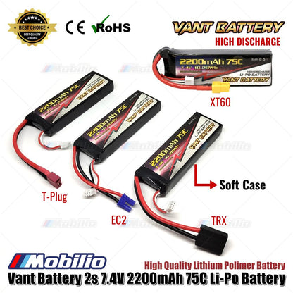 Vant Battery 2S 7.4V 2200 mAh 75 C Lithium Polymer Soft Case Battery