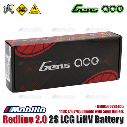 Baterai LiHV Gens Ace Redline 2.0 2S LCG 140C (7.6V/6500mAh) dengan Bullet 5mm - GEA65002S14D5