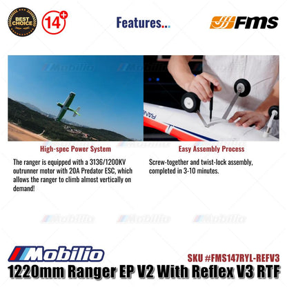FMS 1220mm Ranger EP V2 Dengan Reflex V3 RTF Siap Terbang #FMS147RGN-REFV3 Pesawat RC Aeromodeling