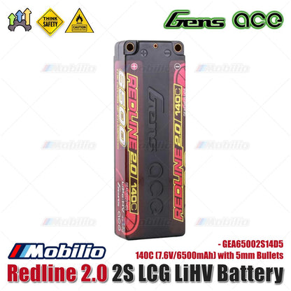 Baterai LiHV Gens Ace Redline 2.0 2S LCG 140C (7.6V/6500mAh) dengan Bullet 5mm - GEA65002S14D5